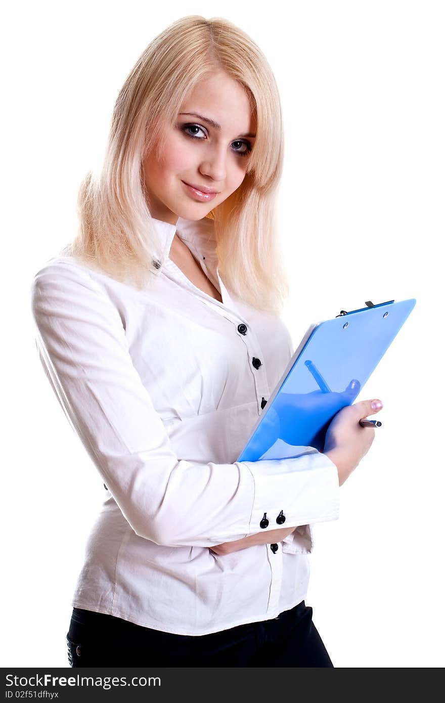 Business woman in a suit with clipboard on a white background