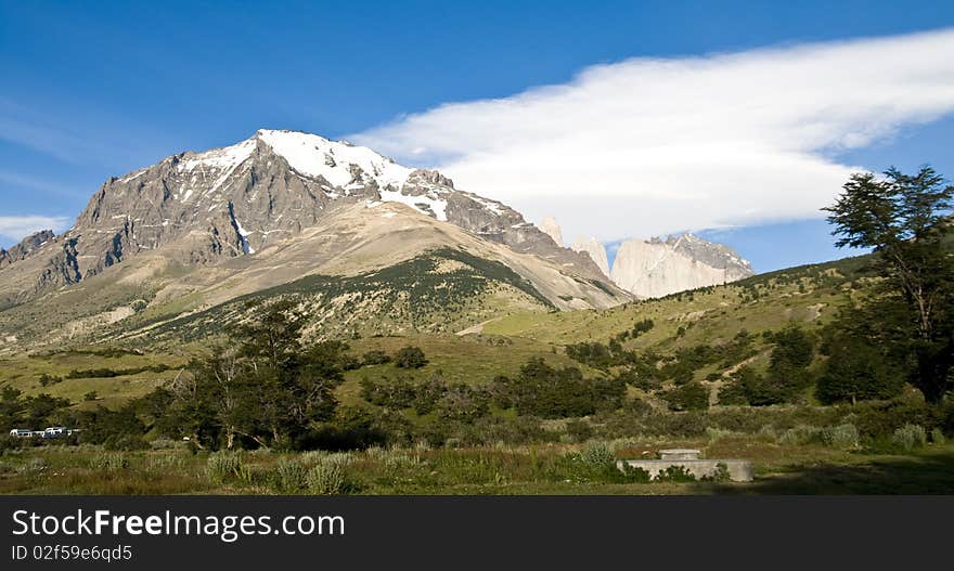 A mountain range in Patagonia's Torres Del Paine NP, set against a beautiful blue sky. A mountain range in Patagonia's Torres Del Paine NP, set against a beautiful blue sky.