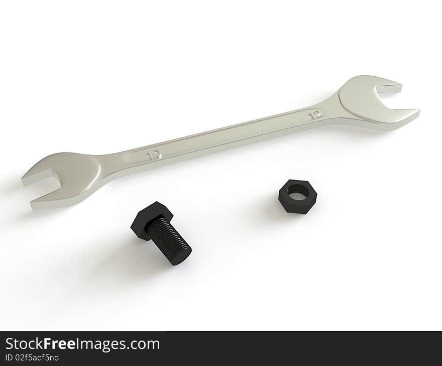 3D render of a wrench with a nut and a bolt