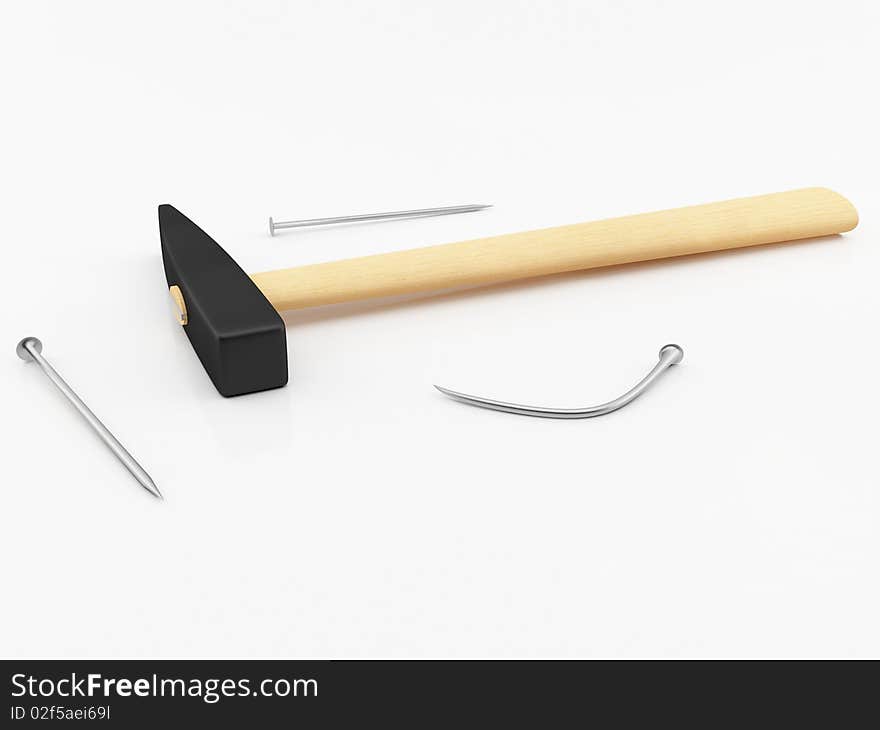 3D render of a hammer with nails. 3D render of a hammer with nails