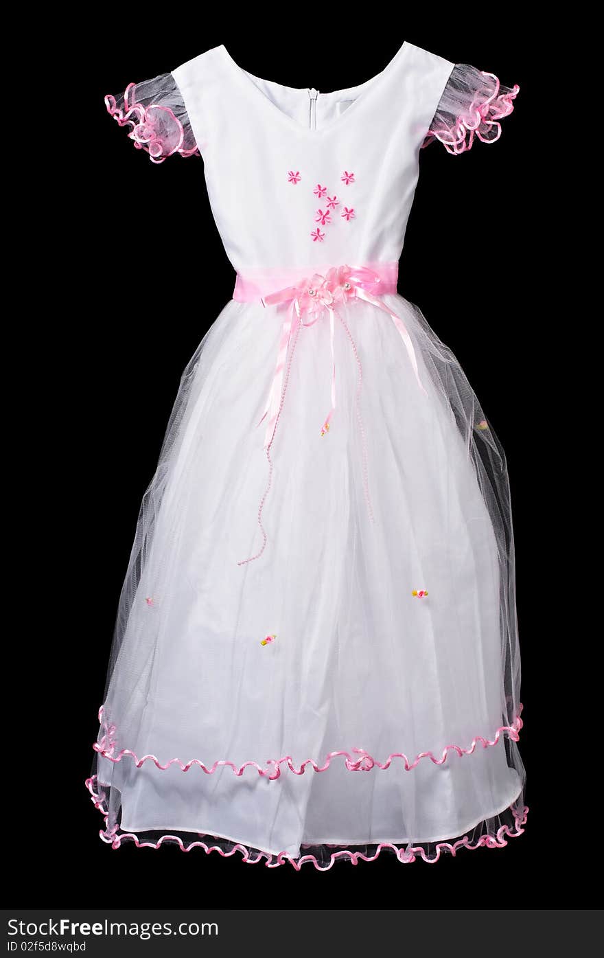 White and pink flower girl wedding dress on black background with vector path.