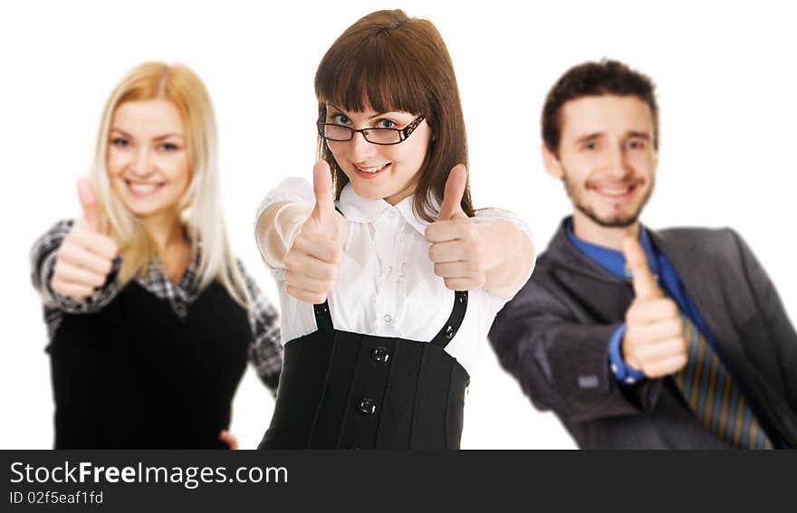 Young business people showing Thumbs Up sign, white background