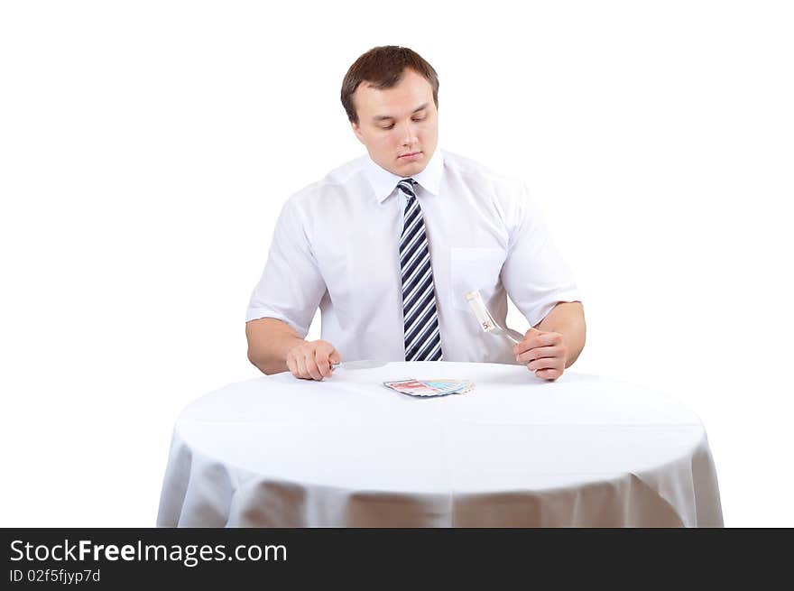 Business man eat euro on lunch, isolated white background. Business man eat euro on lunch, isolated white background.