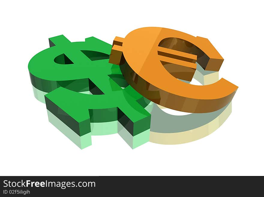 Illustration of money, dollar and euro, near against each other