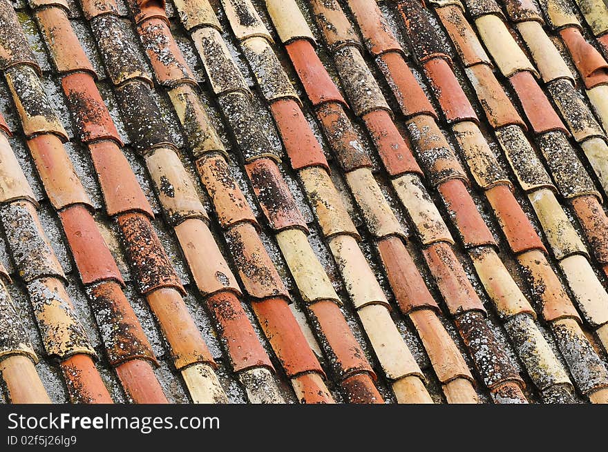 An old tile roof with moss growing, typical design and construction of the late 19th century.