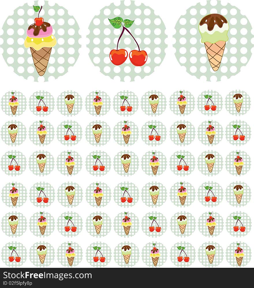 Bright color background with ice-cream and cherry