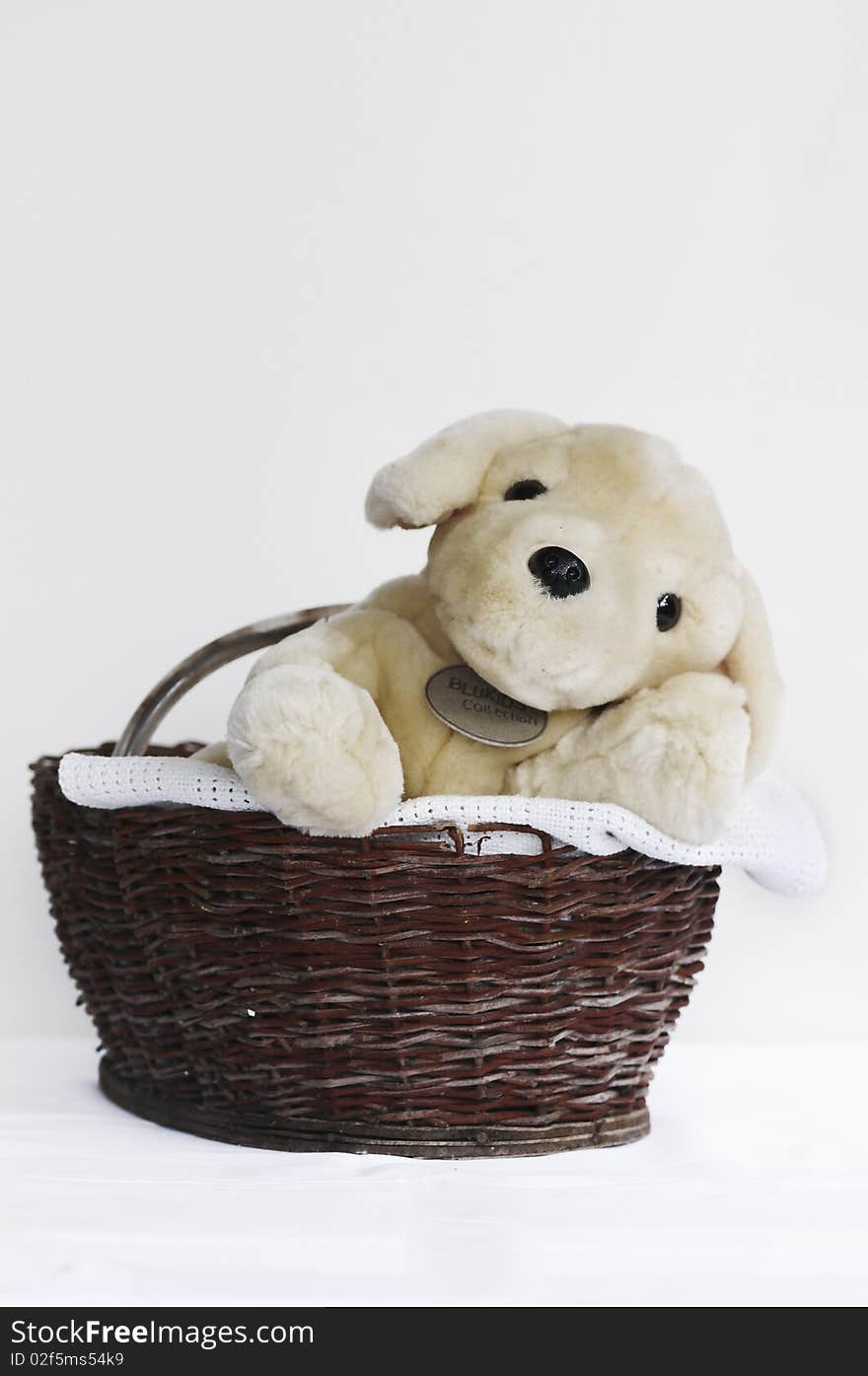 Plush toy dog in basket