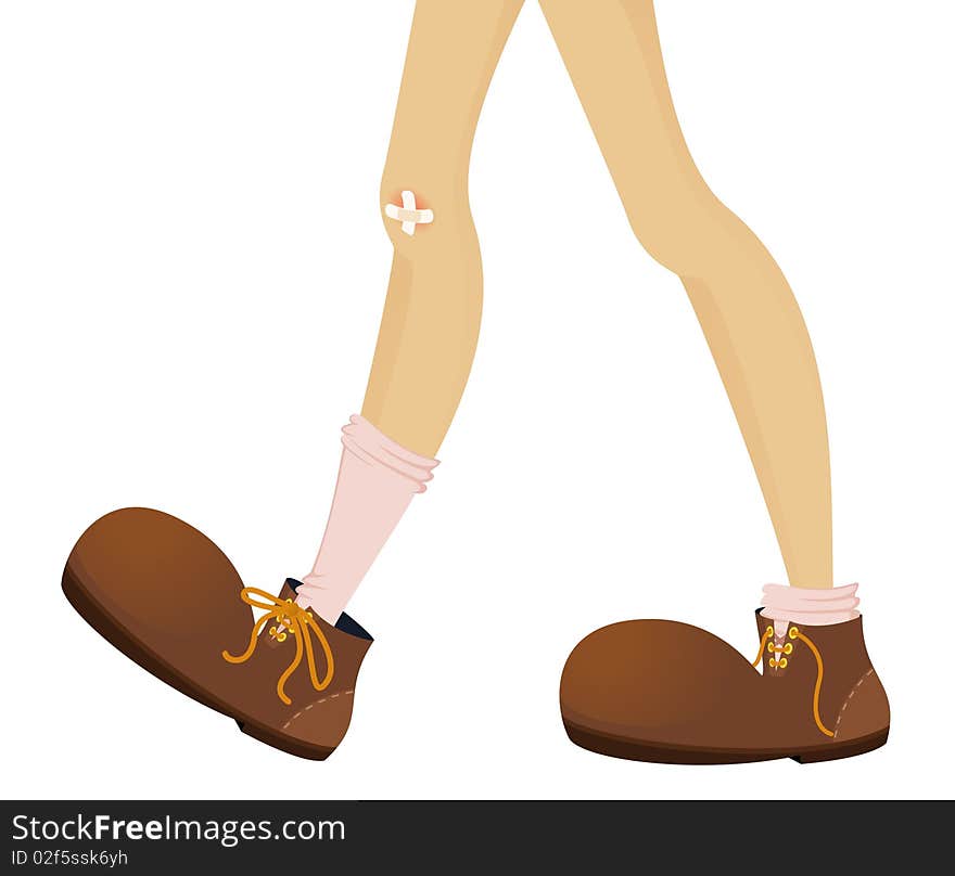 funny feet of teenager are in large boots