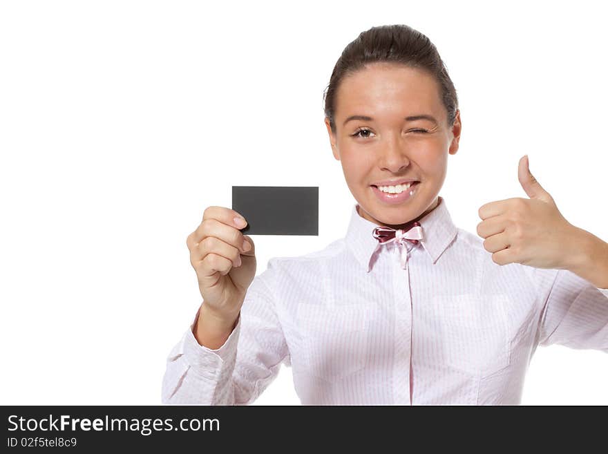 young woman holding black bussinesscard