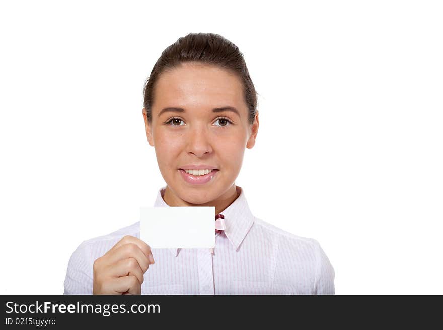 Young woman holding white bussinesscard