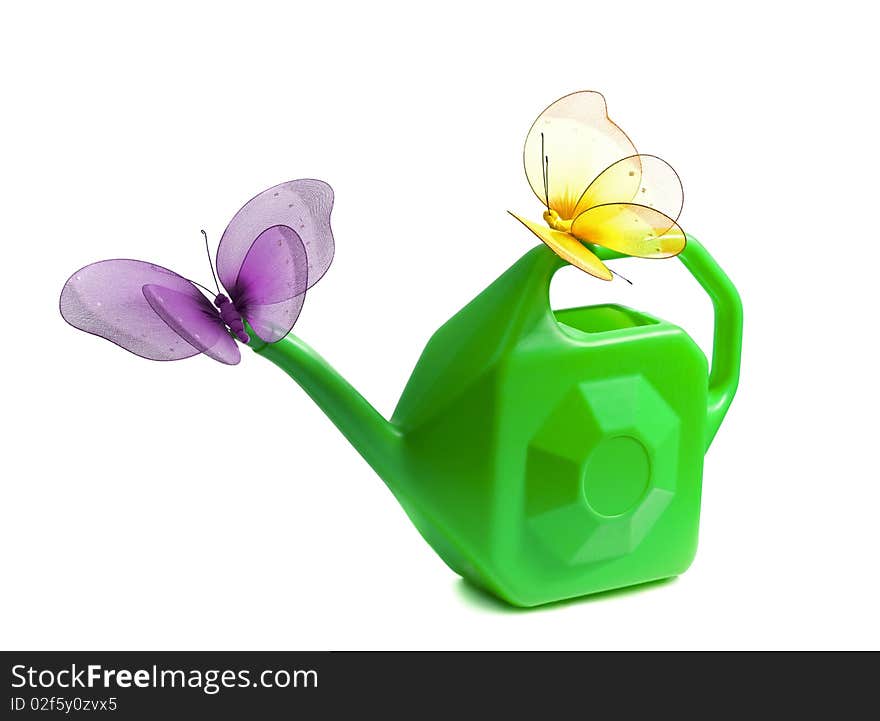 Watering can with butterflies isolated on white background