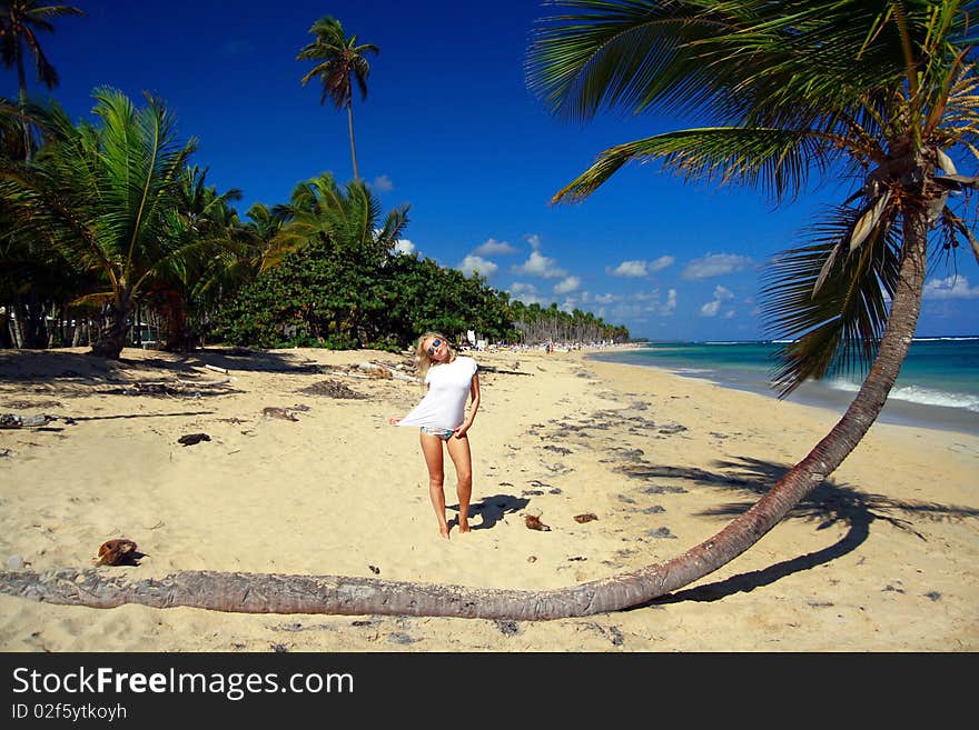 Sexy Girl On Caribbean Beach With Palm