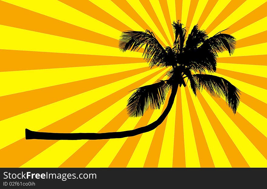 Silhouette of palm tree on orange stripes background, illustration. Silhouette of palm tree on orange stripes background, illustration