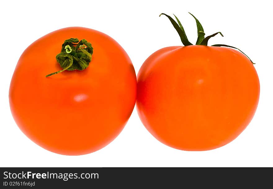 Two tomatoes on a white background