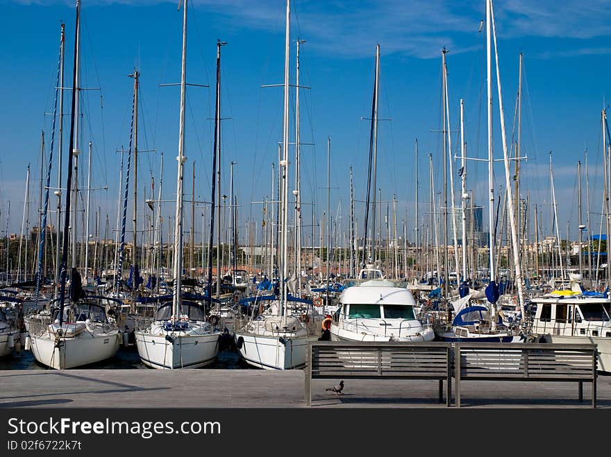 Sailboats moored at the Port Veil in Barcelona, Spain