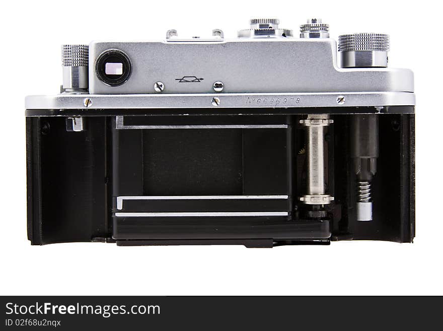 Old film mechanical rangefinder camera isolated on white. Old film mechanical rangefinder camera isolated on white