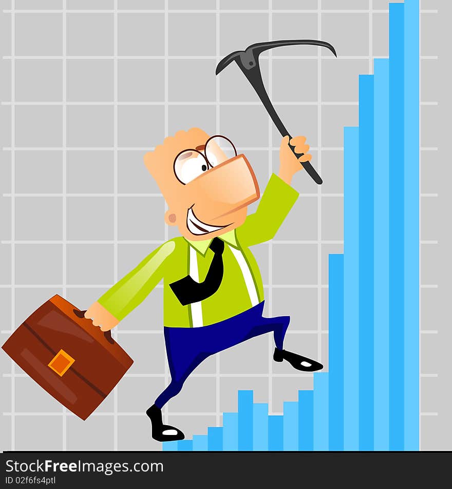 Illustration of businessman with a briefcase climbs to a frozen financial diagram. Business diagram concept. Illustration of businessman with a briefcase climbs to a frozen financial diagram. Business diagram concept.