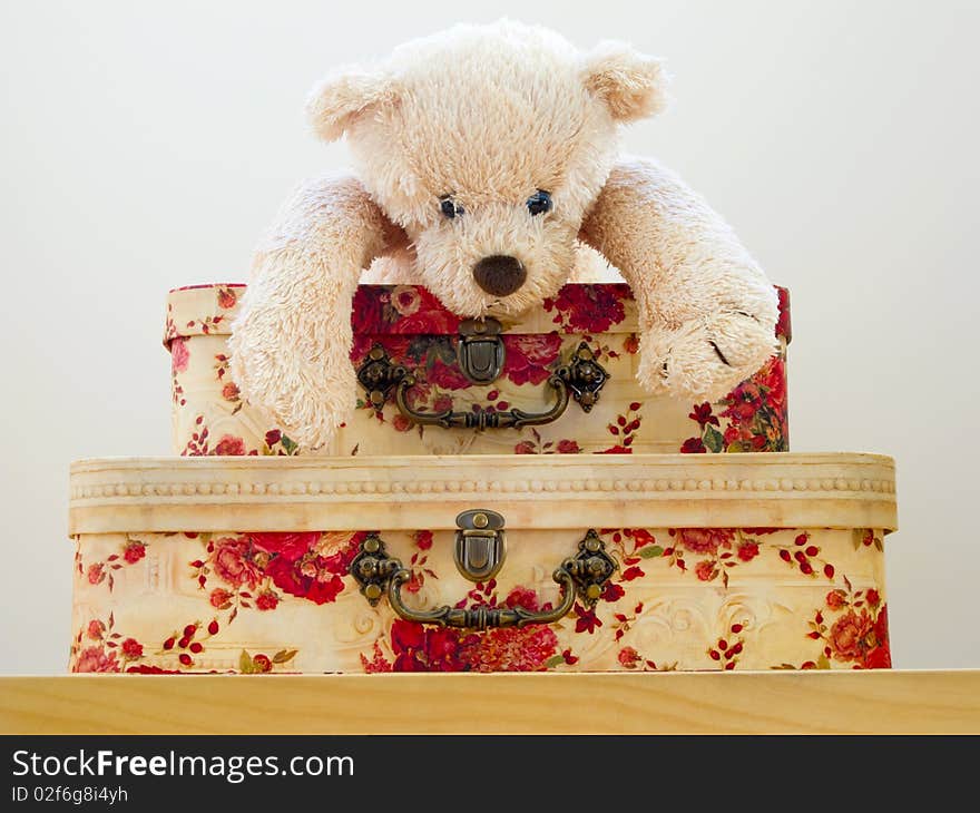 Adorable child's Teddy Bear laying on floral gift boxes. Adorable child's Teddy Bear laying on floral gift boxes.