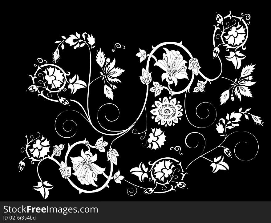 Drawing of white flower pattern in a black background