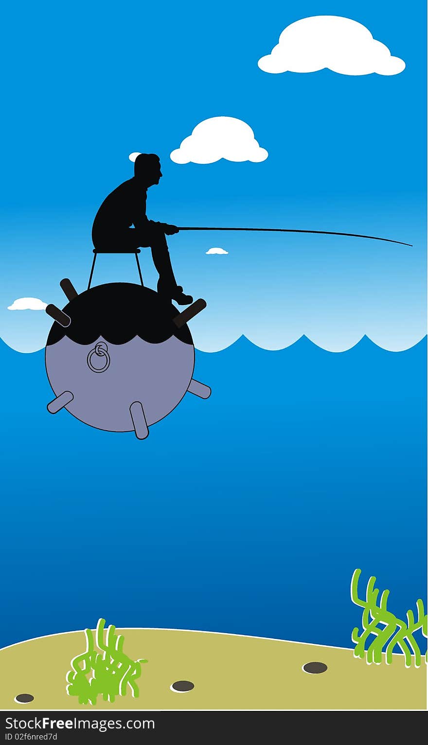 Drawing woman fisherman on naval mine - vector. Drawing woman fisherman on naval mine - vector