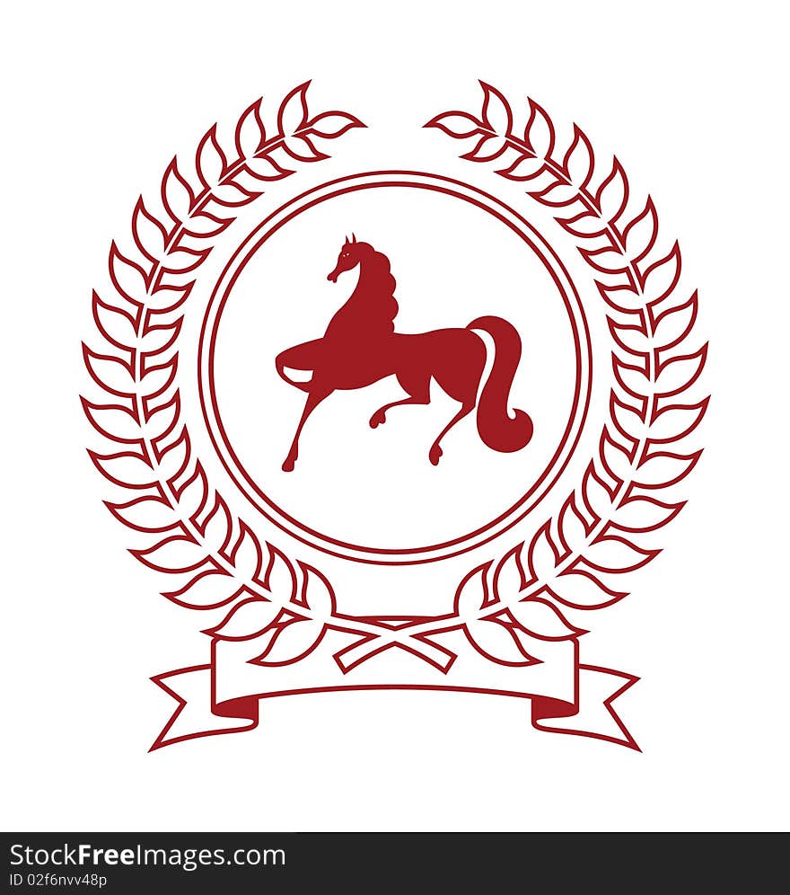 Coat of arms featuring a horse. It consists of a wreath and the silhouette of the horse. Coat of arms located on a white background. Coat of arms featuring a horse. It consists of a wreath and the silhouette of the horse. Coat of arms located on a white background.