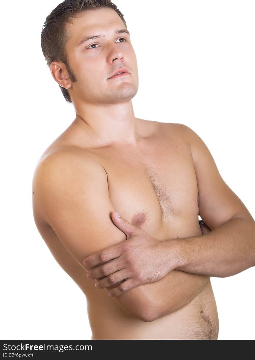 Young happy muscular man isolated on a white background. Young happy muscular man isolated on a white background