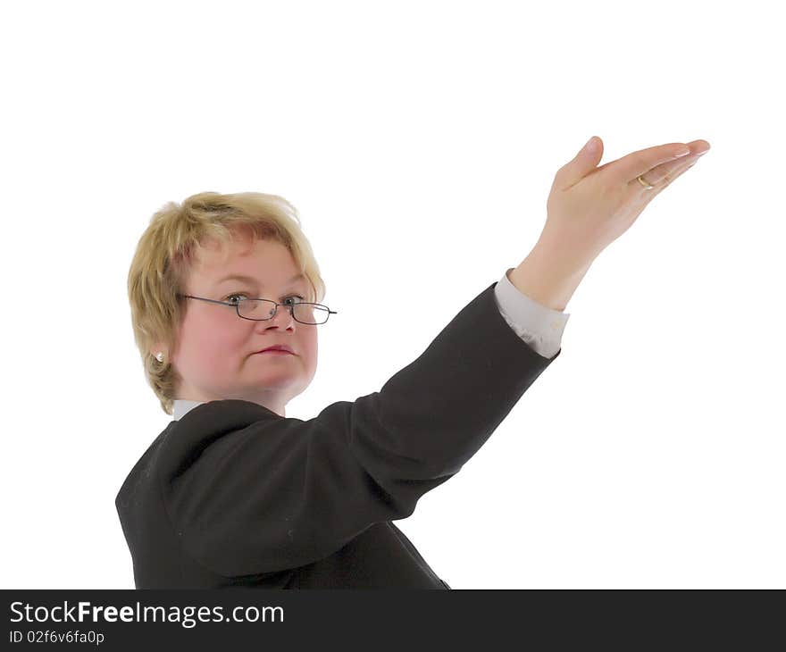 Businesswoman in a strict black suit isolated on a white. Businesswoman in a strict black suit isolated on a white