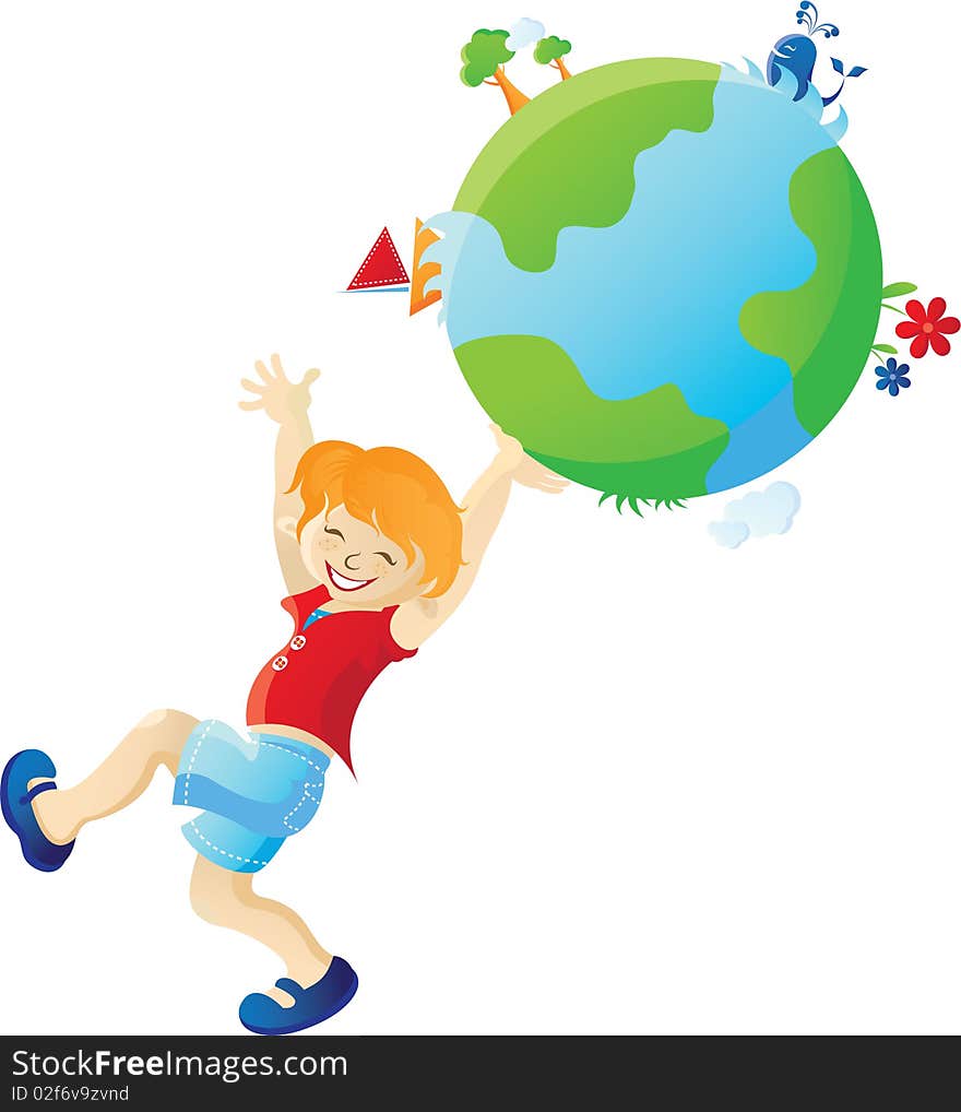 The cheerful boy holding in the hands a planet Earth. Vector will be aditional. The cheerful boy holding in the hands a planet Earth. Vector will be aditional