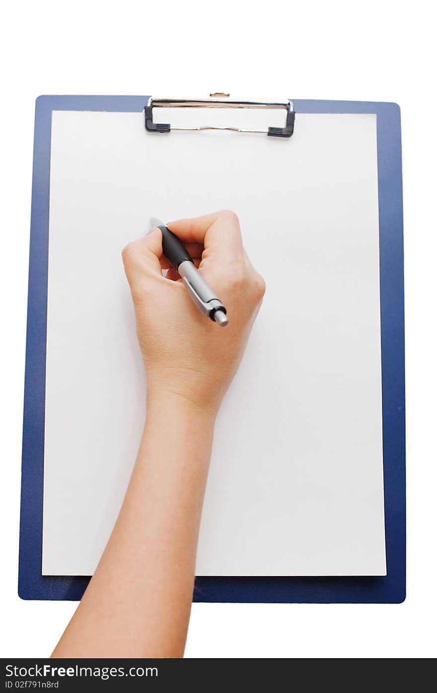 Clipboard and hand on a white background