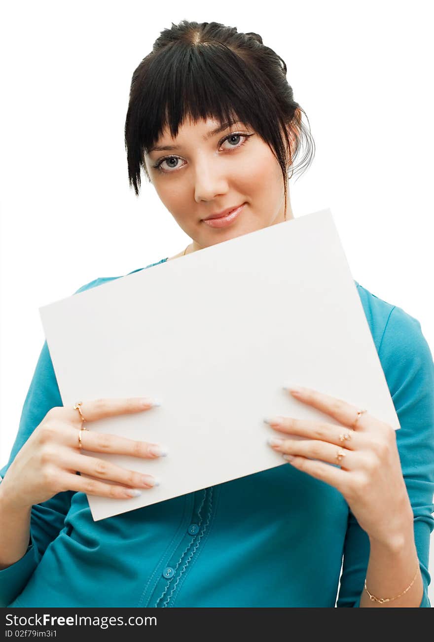 Woman showing a blank sheet of paper