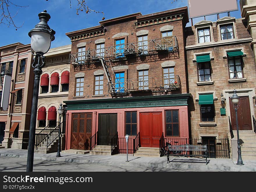 American old fashioned street, lampposts, and houses. American old fashioned street, lampposts, and houses.