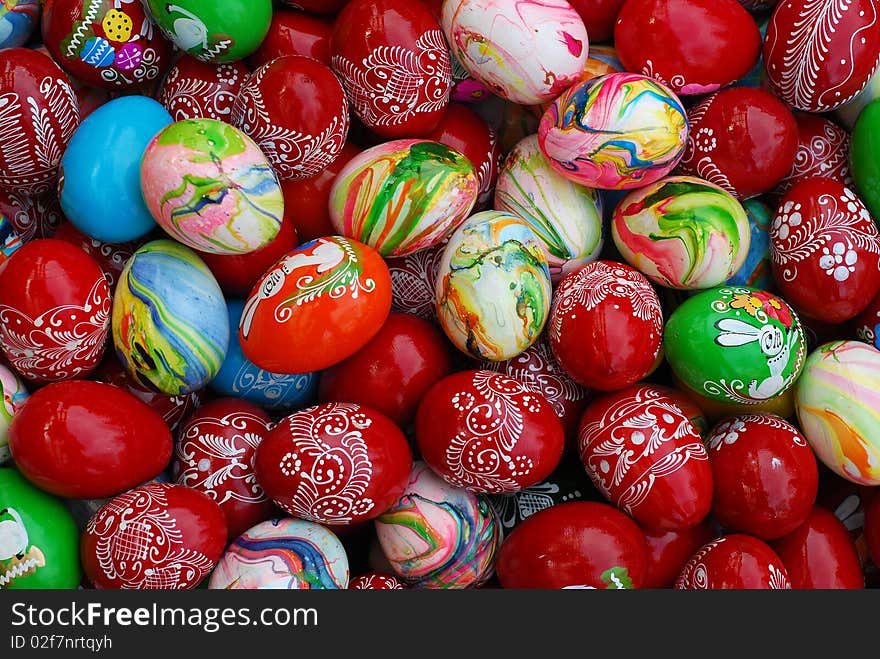 Many traditional colorful easter eggs