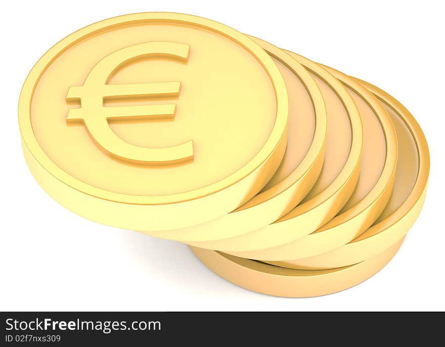 Gold coins with euro sign isolated on white