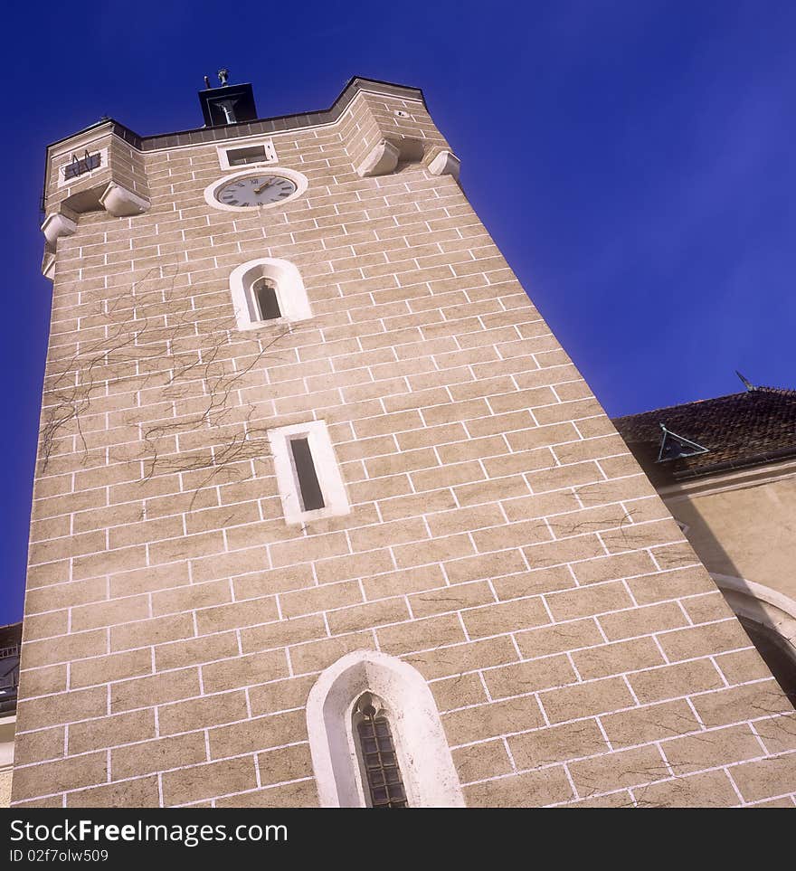 The steeple of a church in Baden near Vienna called Frauenkirche