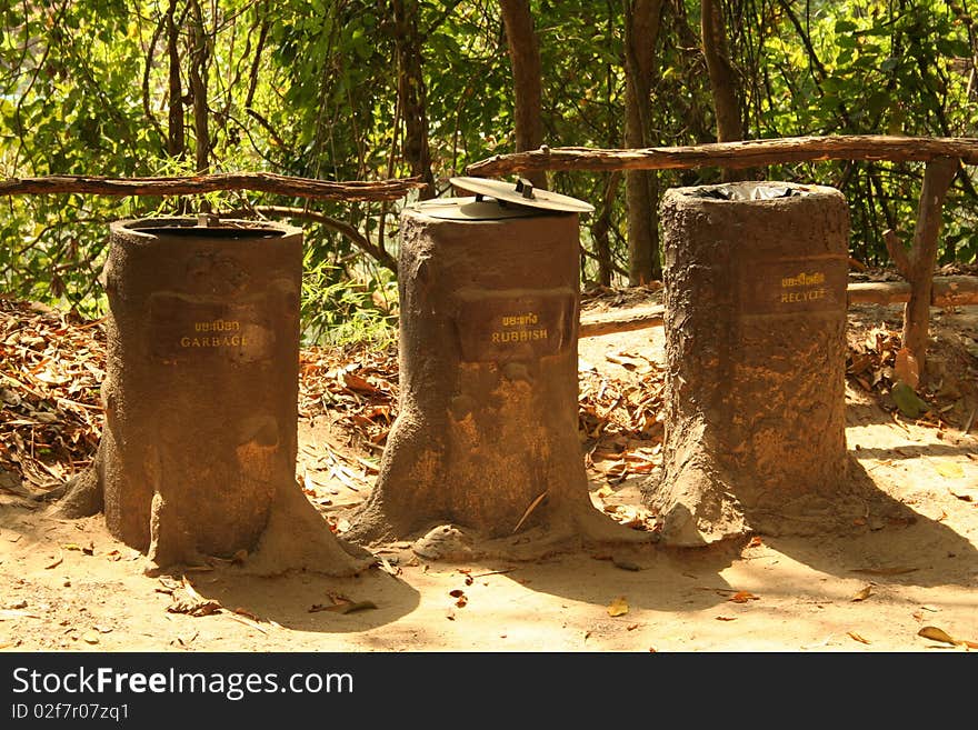 Bins look like trees at Kanchanaburi