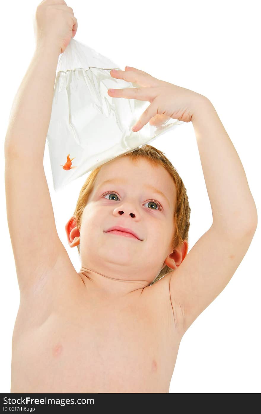 Redhead wonderful smiling boy holding fish in bags. Redhead wonderful smiling boy holding fish in bags