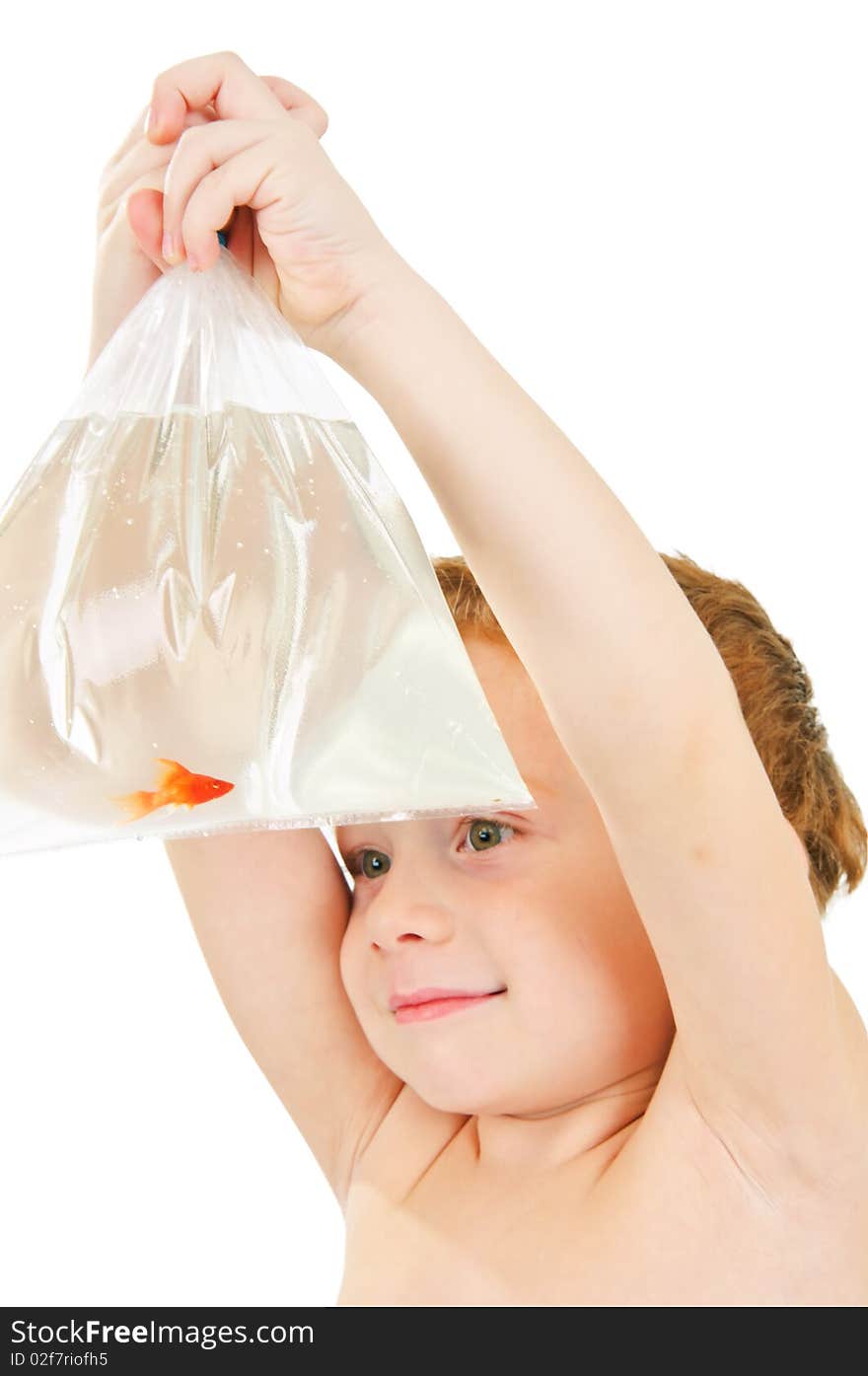 Redhead wonderful smiling boy holding fish in bags. Redhead wonderful smiling boy holding fish in bags