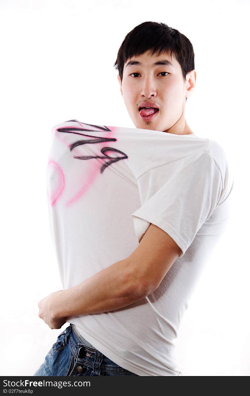 The Asian guy the dancer poses in a white vest on a white background