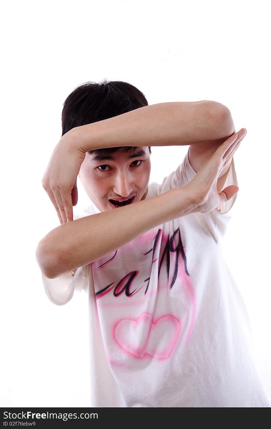 The Asian guy the dancer poses in a white vest on a white background