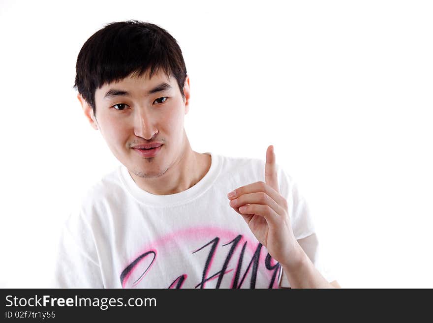 The Asian guy the dancer poses in a white vest on a white background