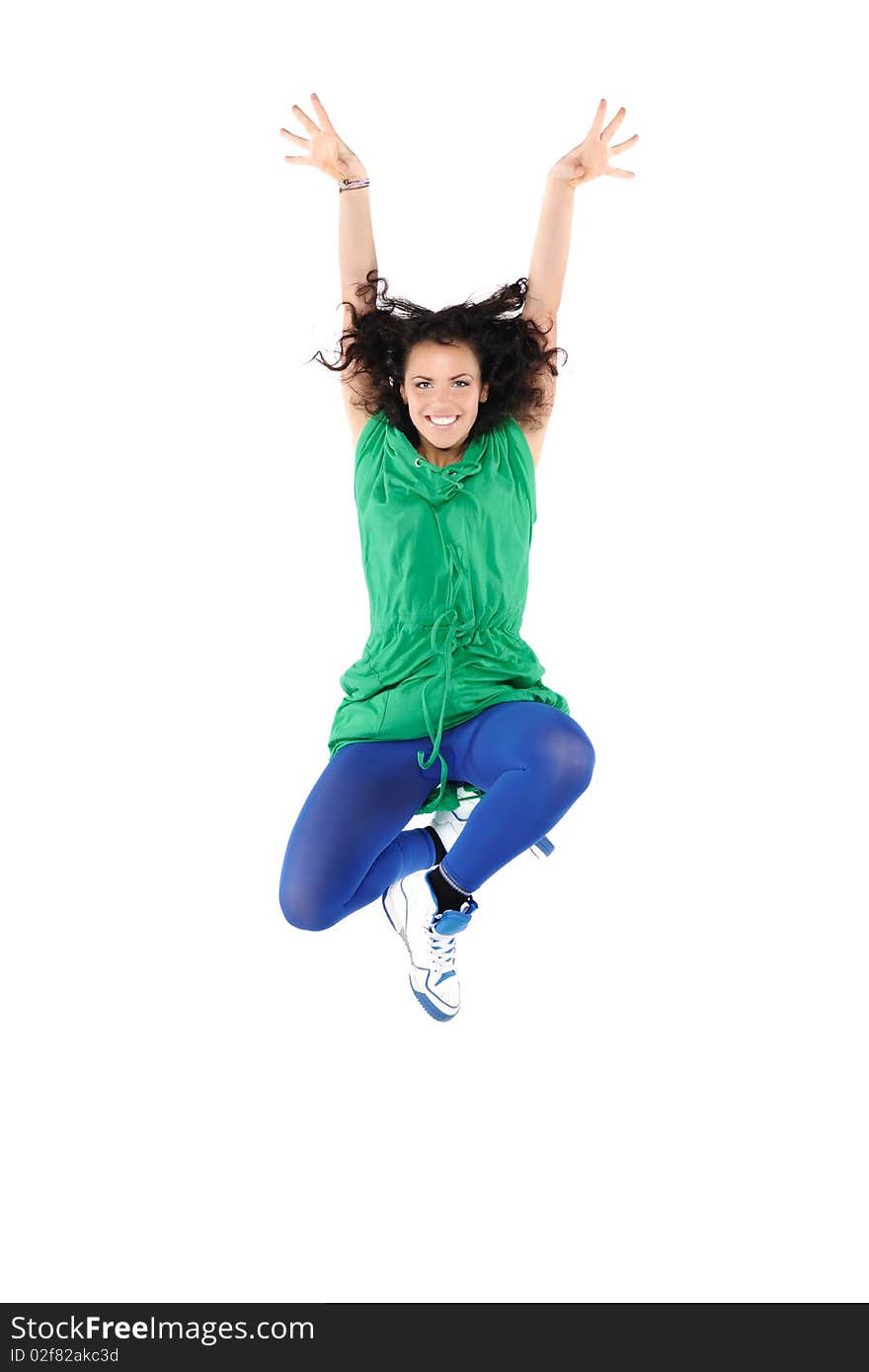 Jumping female dancer, isolated on a white background. Jumping female dancer, isolated on a white background