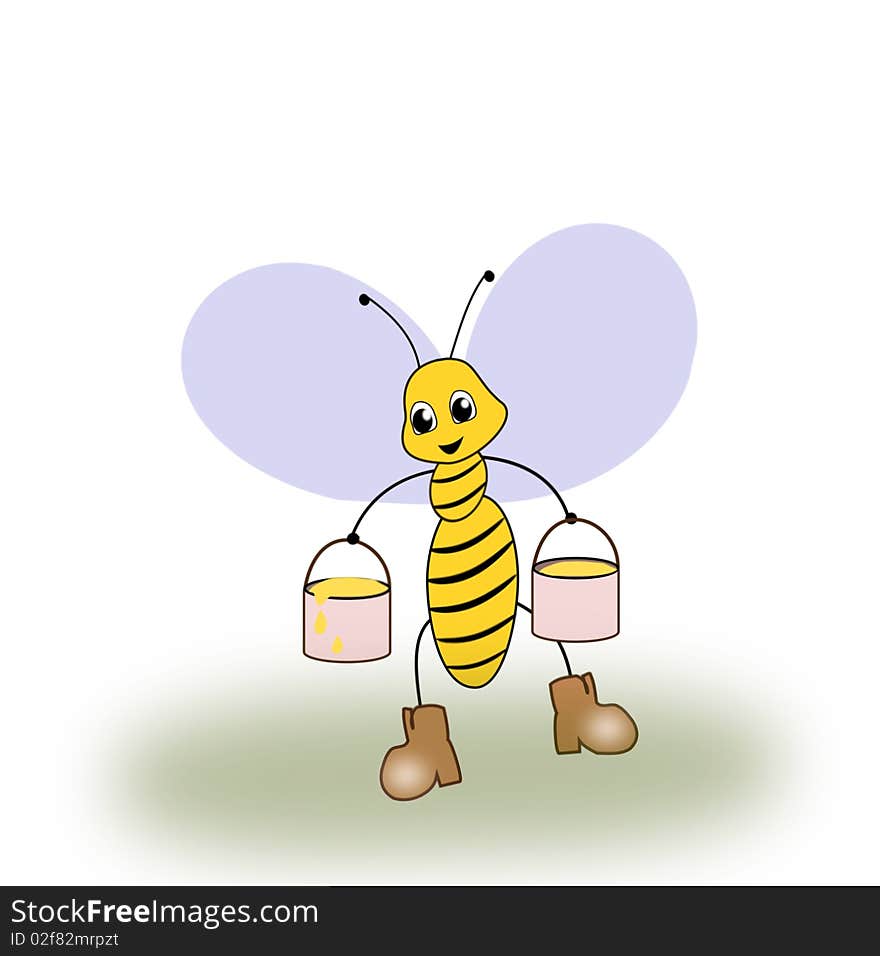 A bee with two buckets of honey. A bee with two buckets of honey.