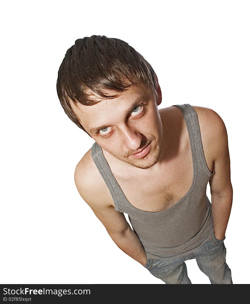 Wide angle portrait of man from above isolated over white