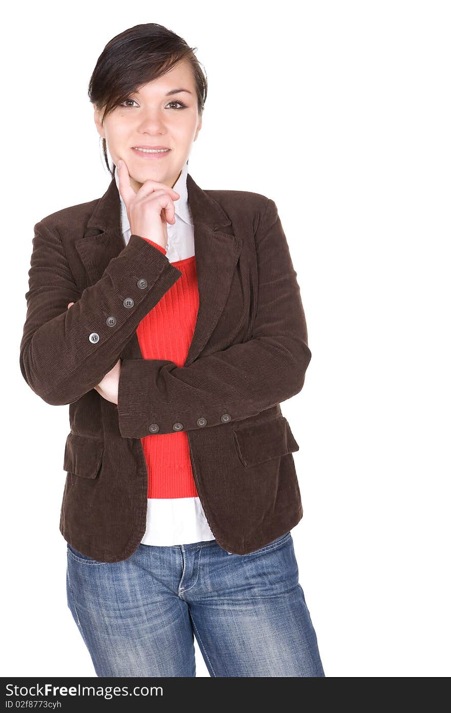 Young brunette woman over white background. Young brunette woman over white background