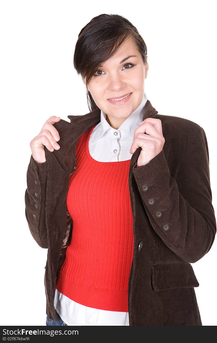 Young brunette woman over white background. Young brunette woman over white background