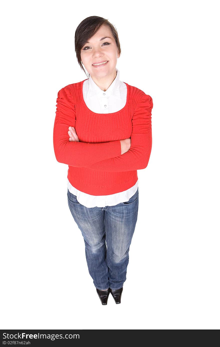 Young brunette woman over white background. Young brunette woman over white background