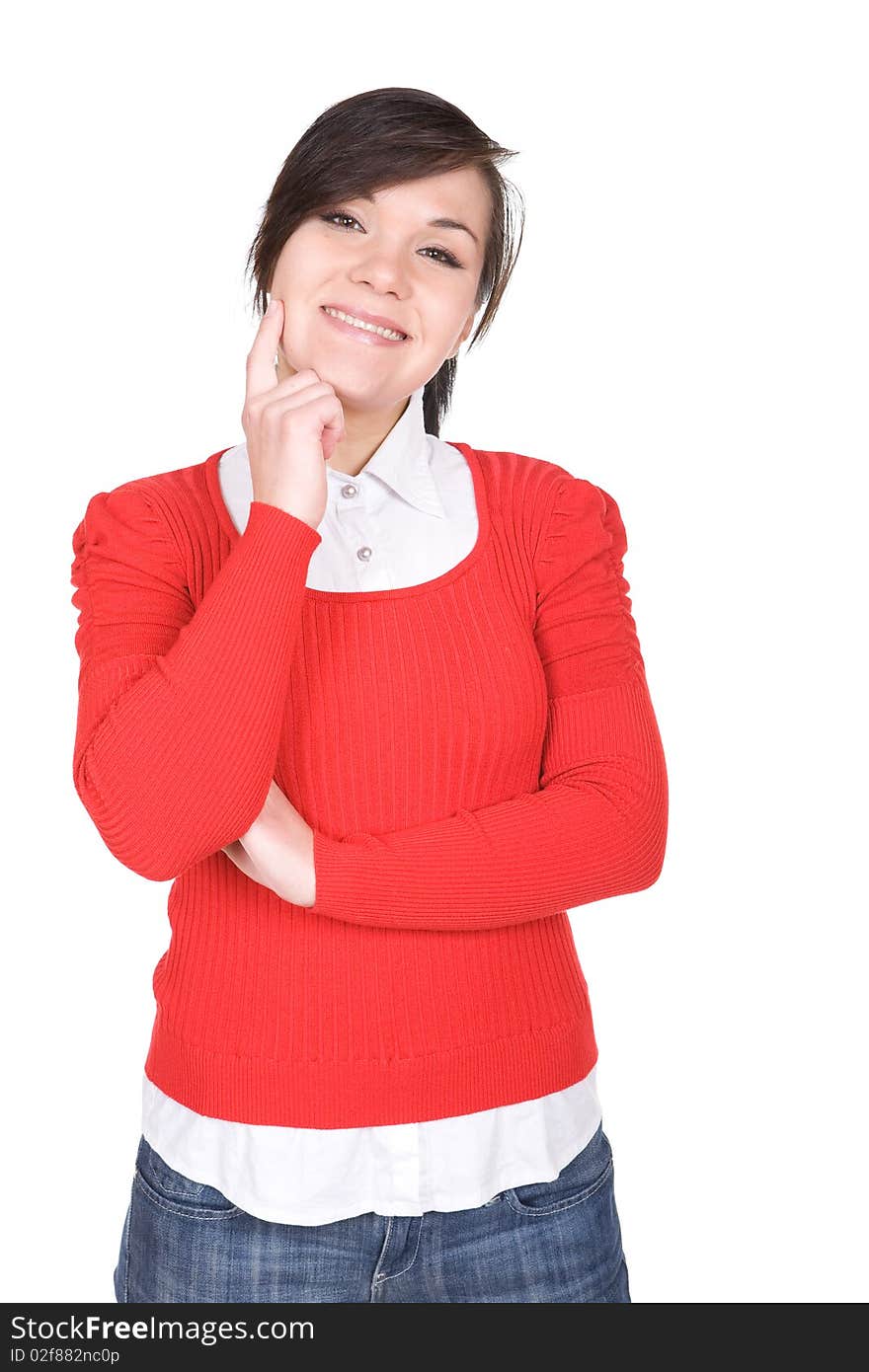 Young brunette woman over white background. Young brunette woman over white background