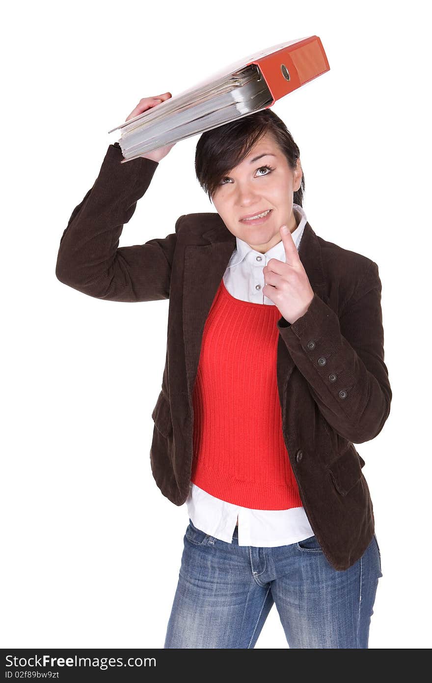 Young attractive brunette  student woman over white background. Young attractive brunette  student woman over white background