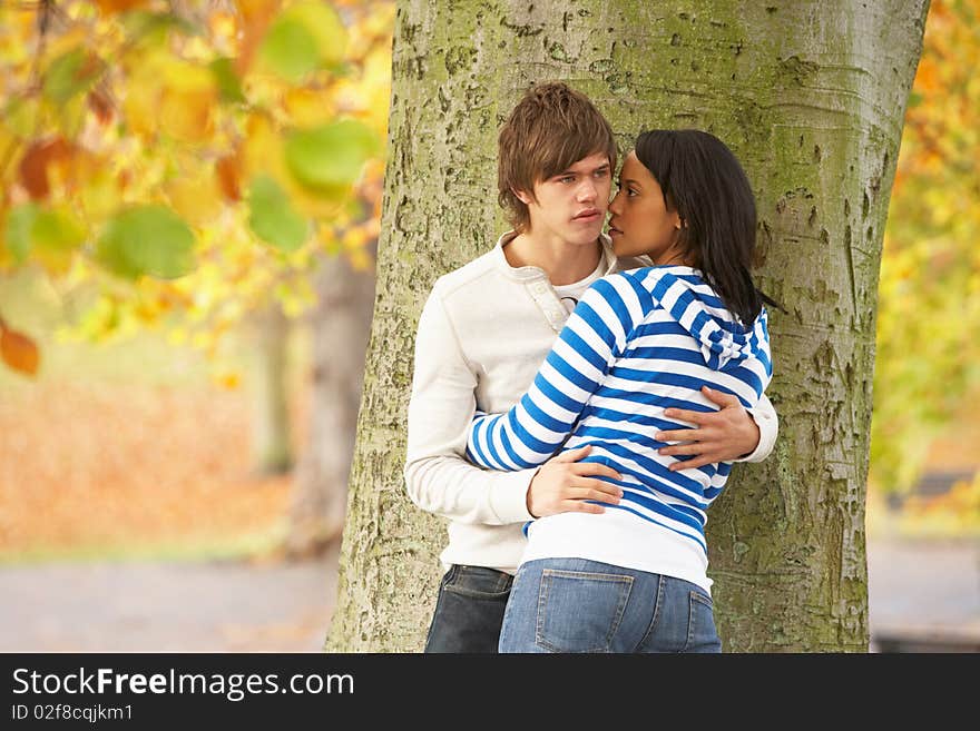 Romantic Teenage Couple By Tree In Autumn Park