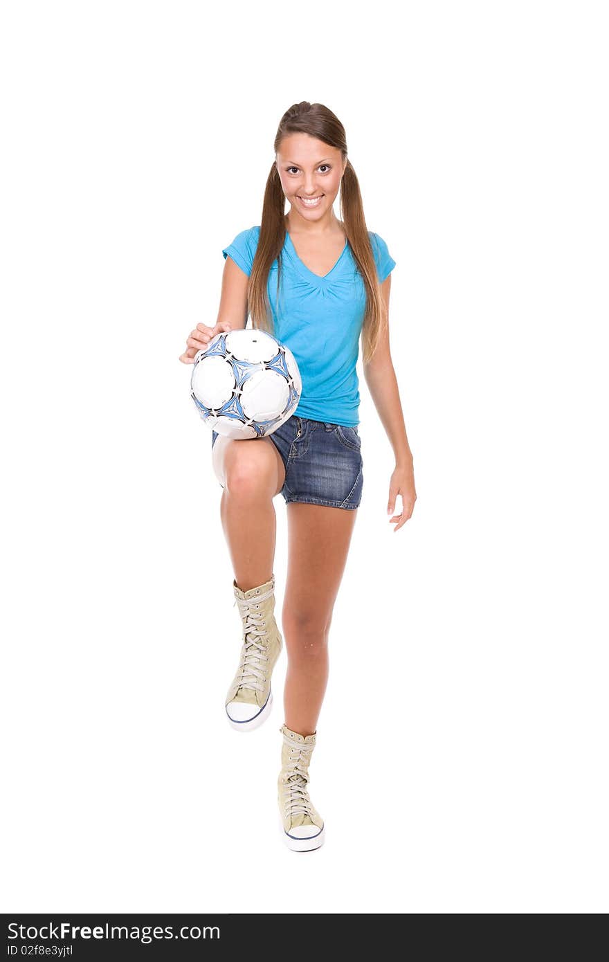 Pretty teenager with ball over white background. Pretty teenager with ball over white background